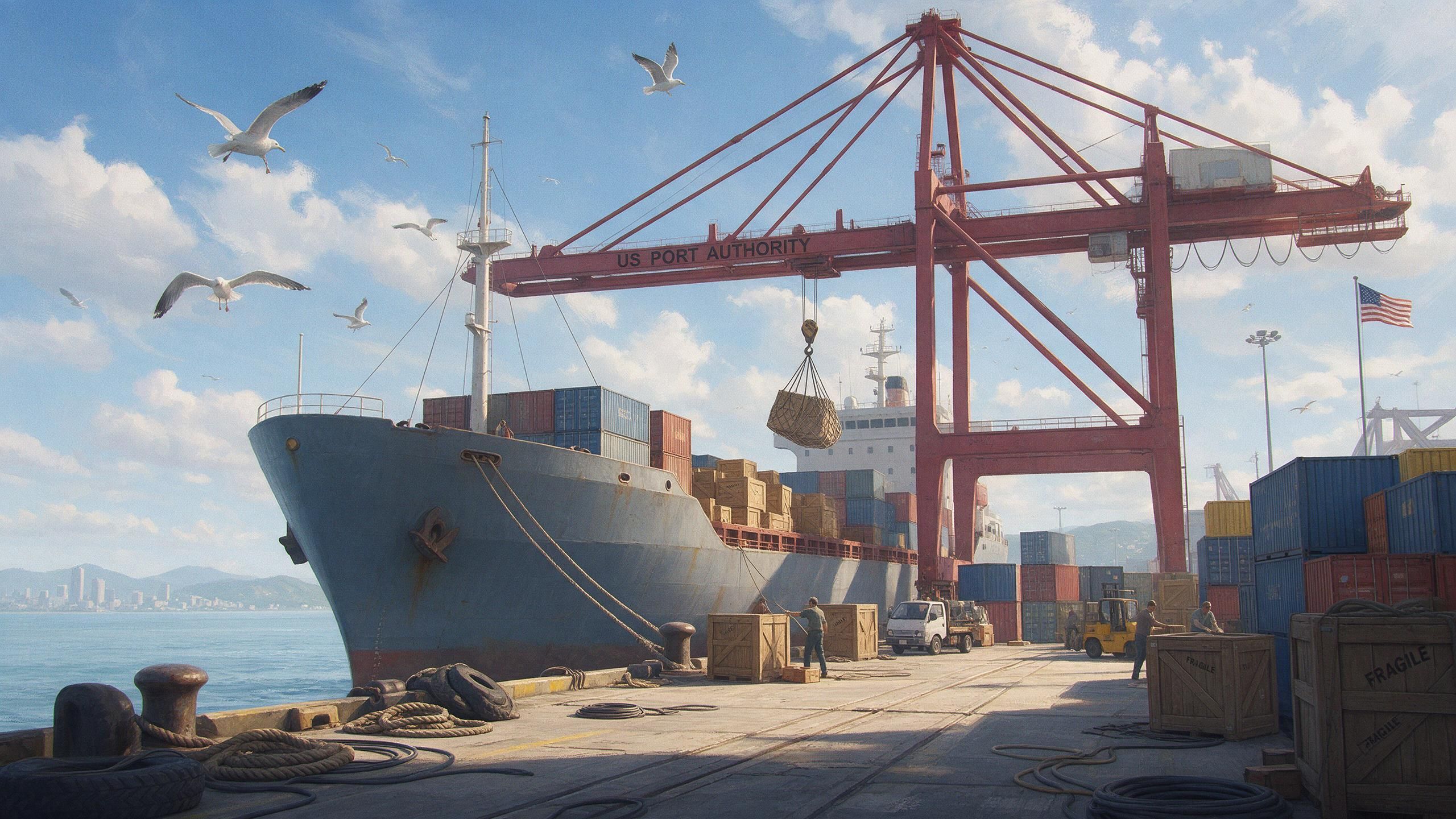 Port workers unload cargo amidst calls to ease shipping rules