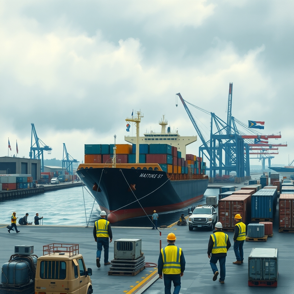 Cargo ship arrives at US port, highlighting Jones Act impact.