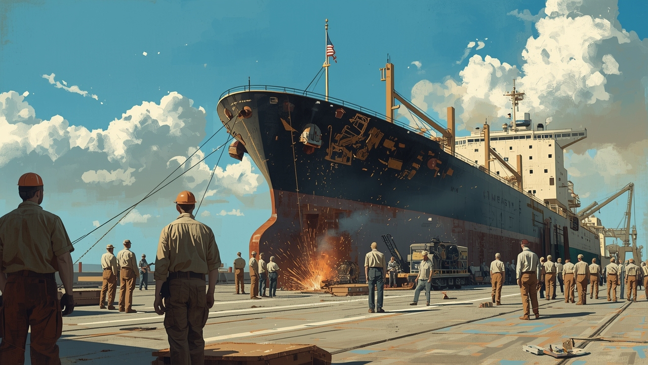 Workers build a new ship as US prioritizes domestic shipbuilding
